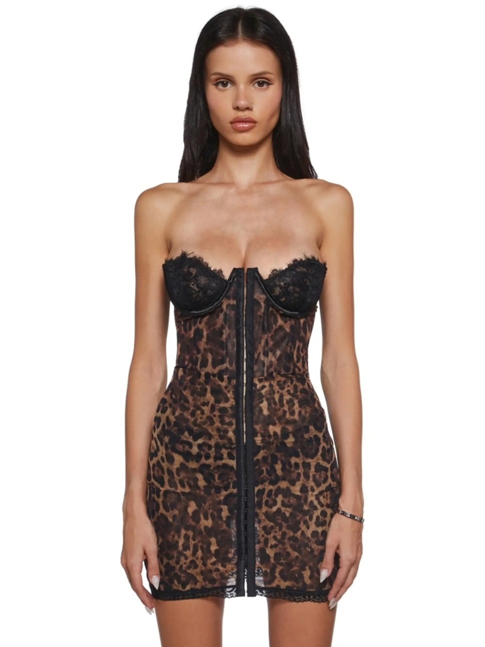 Current Mood Strapless Leopard Print Lace Slip Dress - Black/Brown
